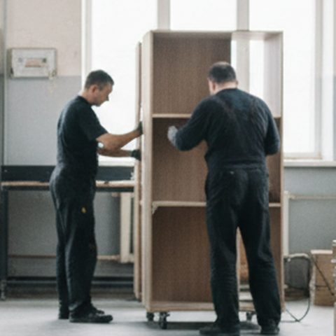 Двое сборщиков собирают корпус шкафа в цеху