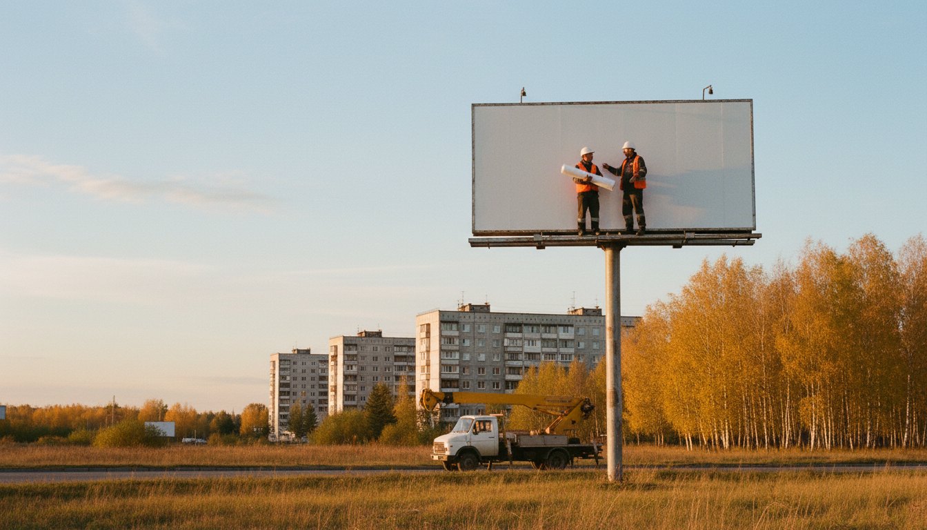 Монтажники клеят баннер на щит 3×6